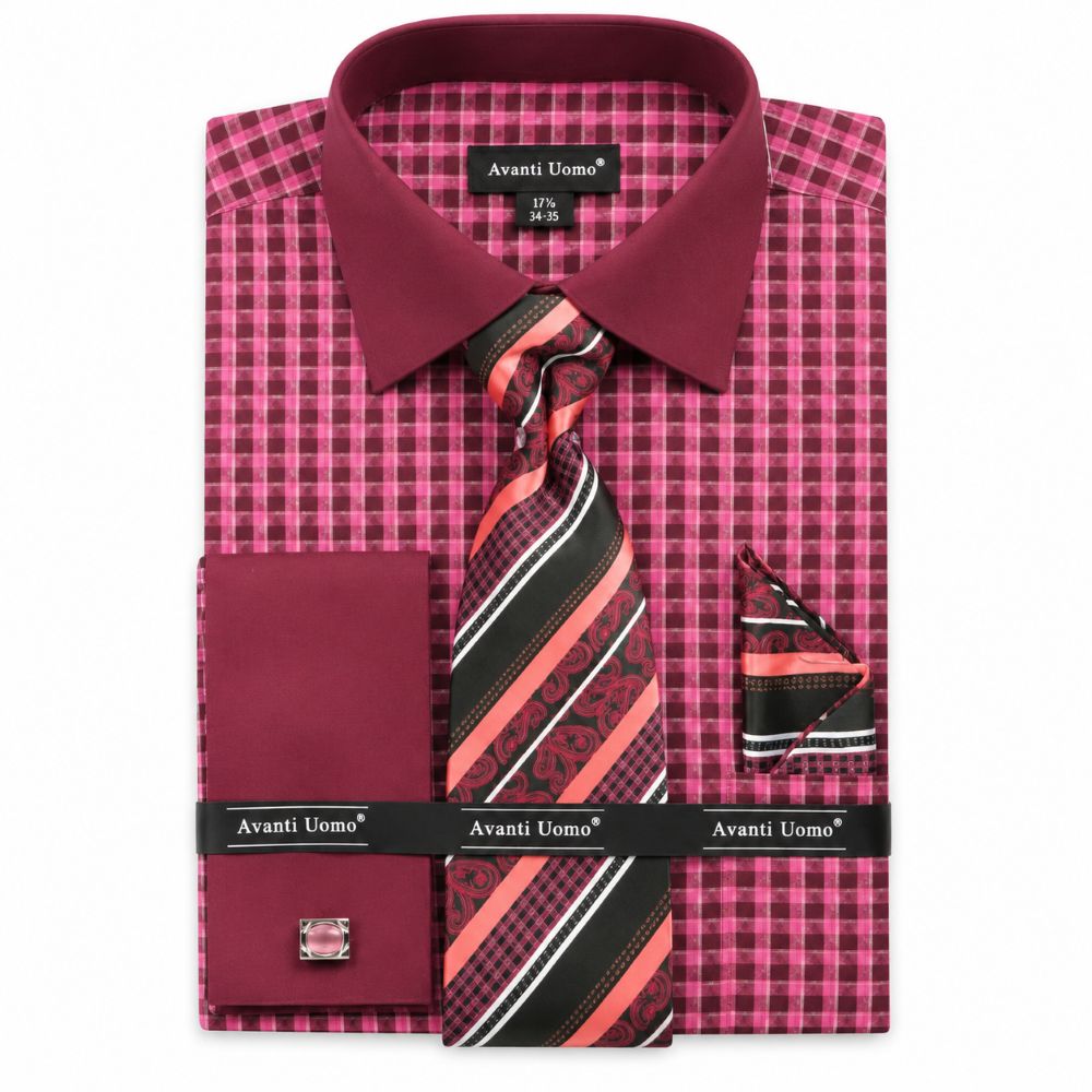 Check Pattern French Cuff Dress Shirt Set - Fuchsia