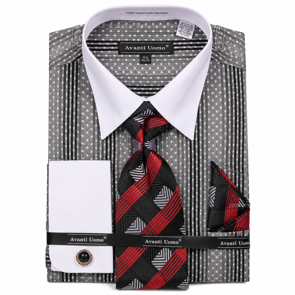 Black Jacquard Stripe French Cuff Dress Shirt Set