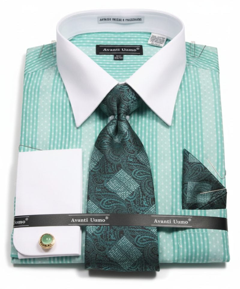 Mint Jacquard Stripe French Cuff Dress Shirt Set