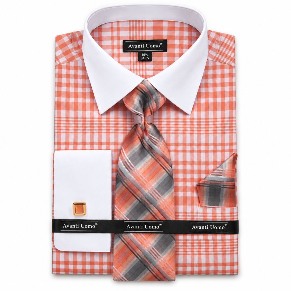 Men's Coral Plaid French Cuff Dress Shirt Set