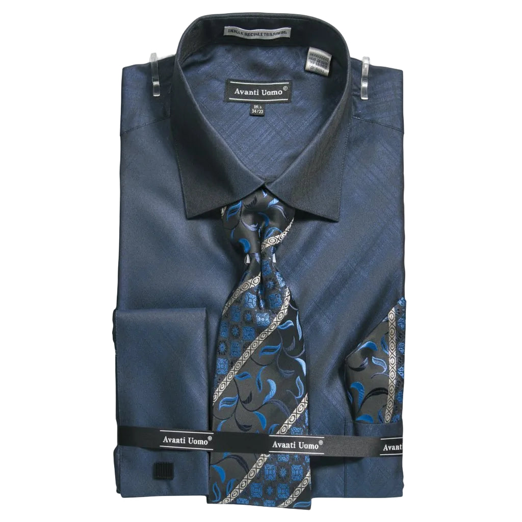 16½) Navy Regular Fit French Cuff Dress Shirt Set