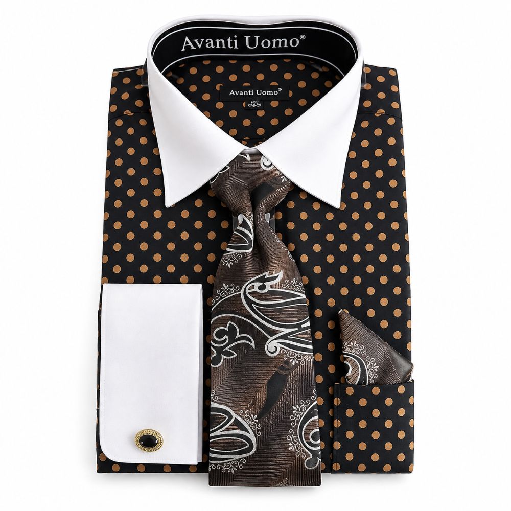 Polka Dot Design French Cuff Dress Shirt Set - Black/Taupe