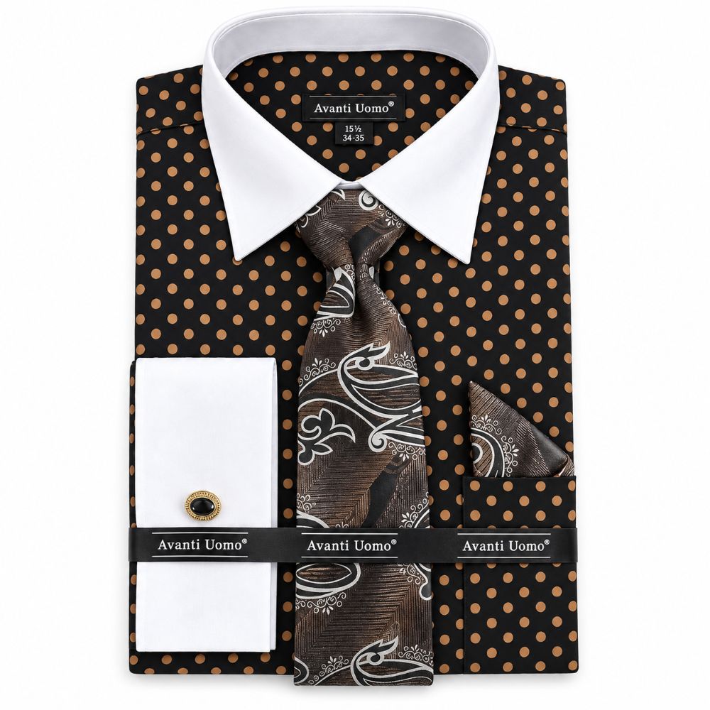 Polka Dot Design French Cuff Dress Shirt Set - Black/Taupe