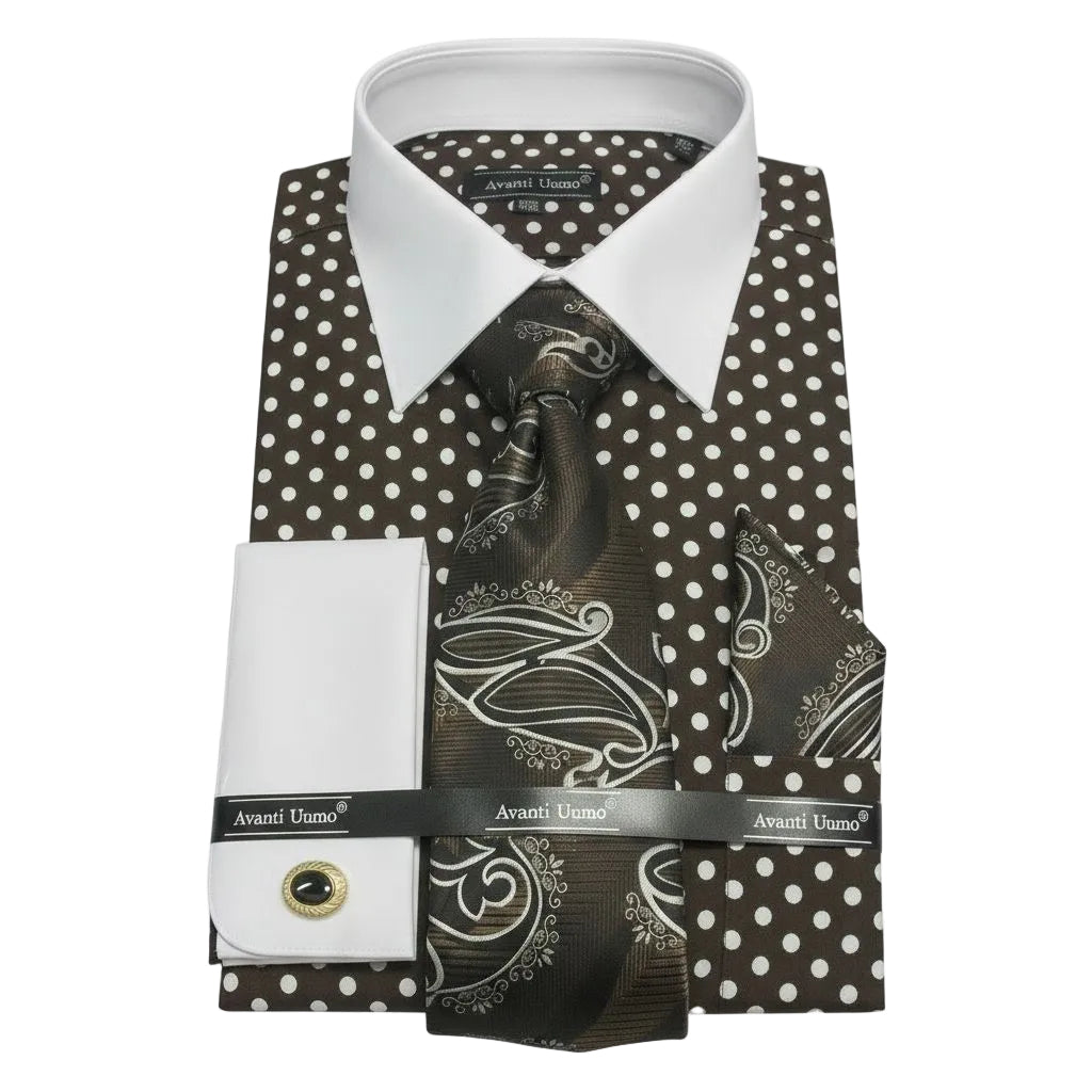 Men's Polka Dot Design French Cuff Dress Shirt Set