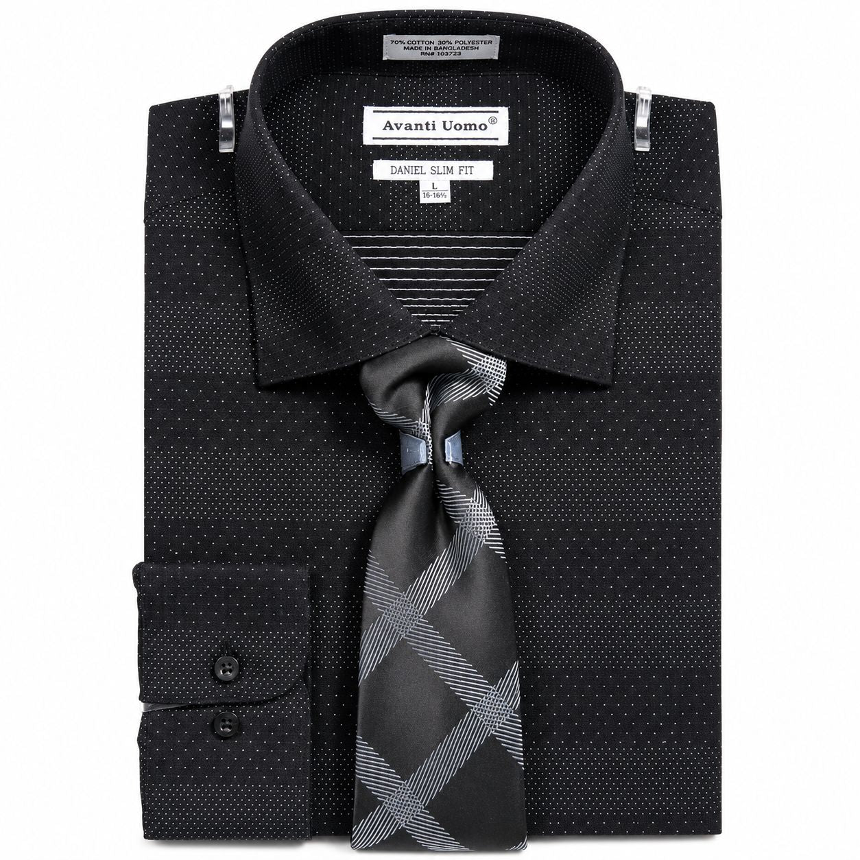 Button Cuff Slim Fit Mini Dots Dress Shirt Set Black