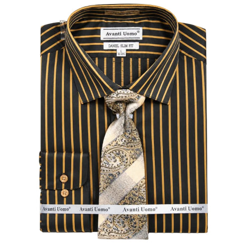 Black and mustard slim fit striped dress shirt set