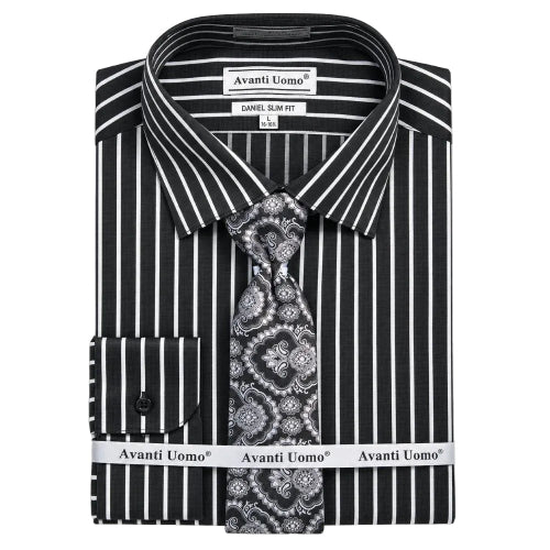 Black and silver slim fit striped dress shirt set
