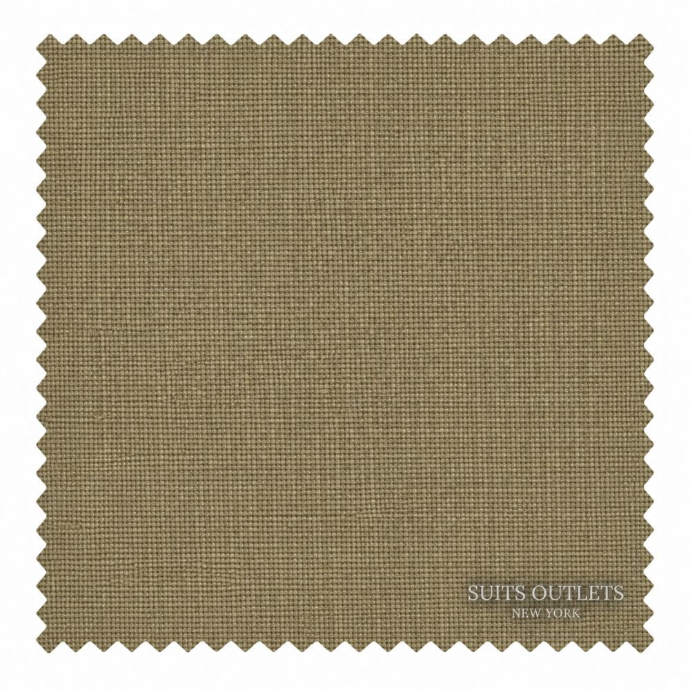 A square fabric swatch with serrated edges in a warm taupe-brown woven material, shown on a white background with the text 'SUITS OUTLETS NEW YORK' printed near the lower right corner.