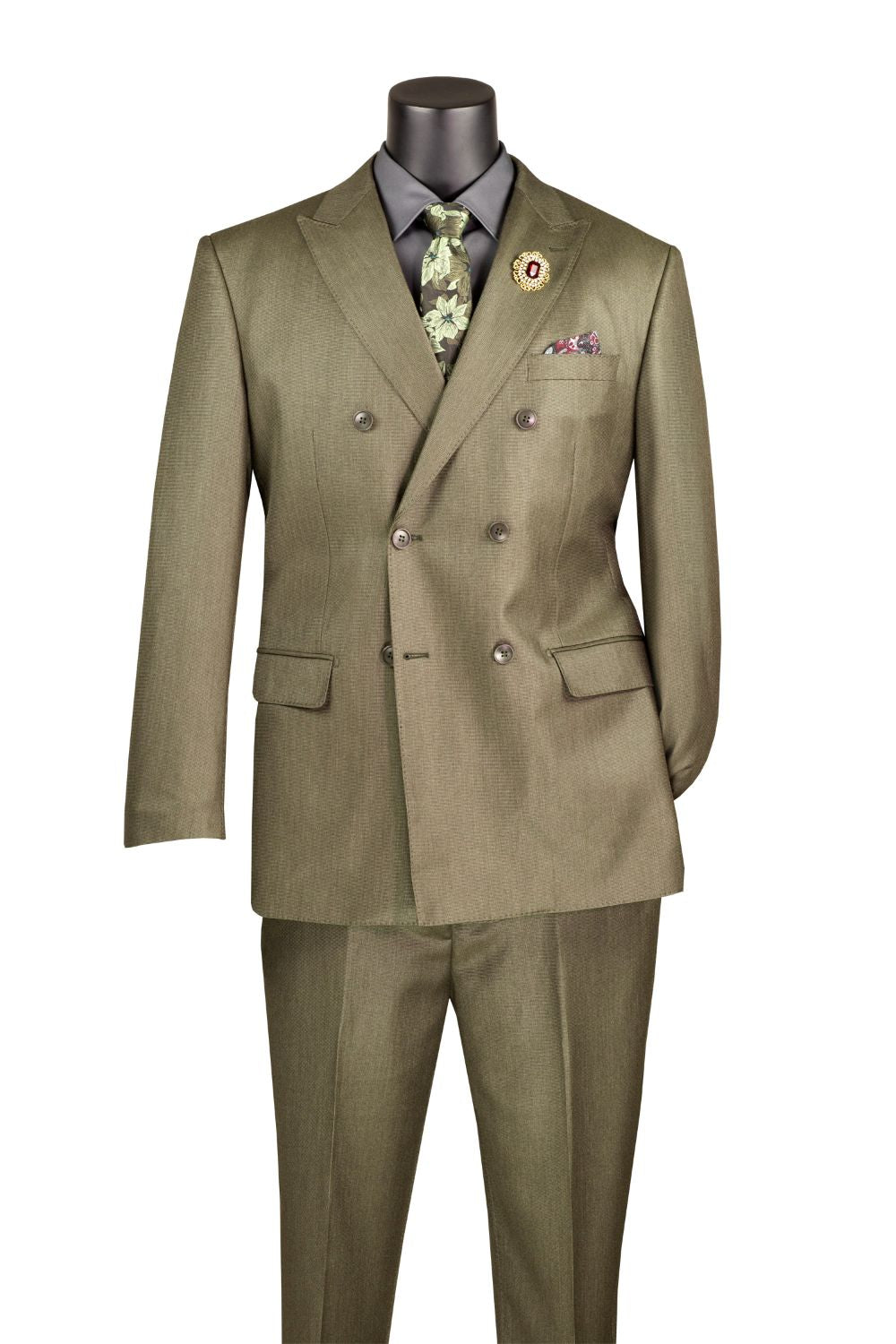 Regular Fit Dusty Green Double Breasted 2 Piece Sharkskin Suit