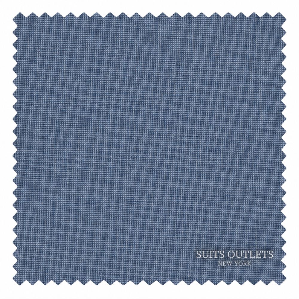 A square fabric swatch with serrated edges in a textured blue material, featuring the text 'SUITS OUTLETS NEW YORK' in the lower right corner, set against a plain white background.