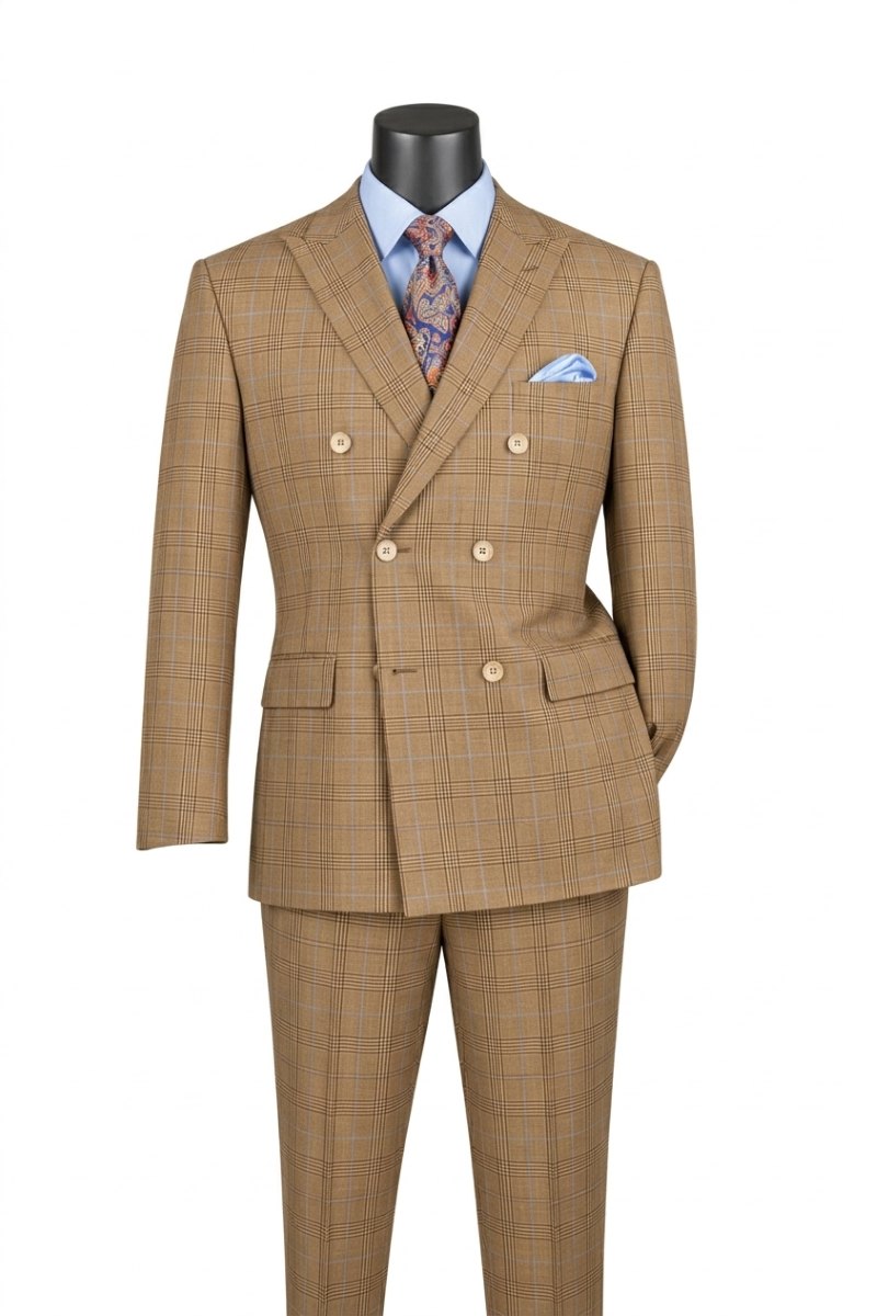 Alexander Collection - Regular Fit Mocha Glen Plaid Double Breasted 2-Piece Suit