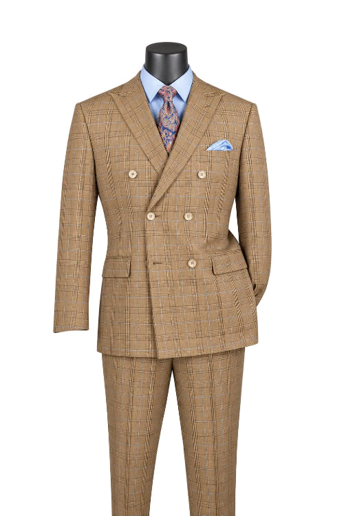 Alexander Collection - Regular Fit Mocha Glen Plaid Double Breasted 2-Piece Suit