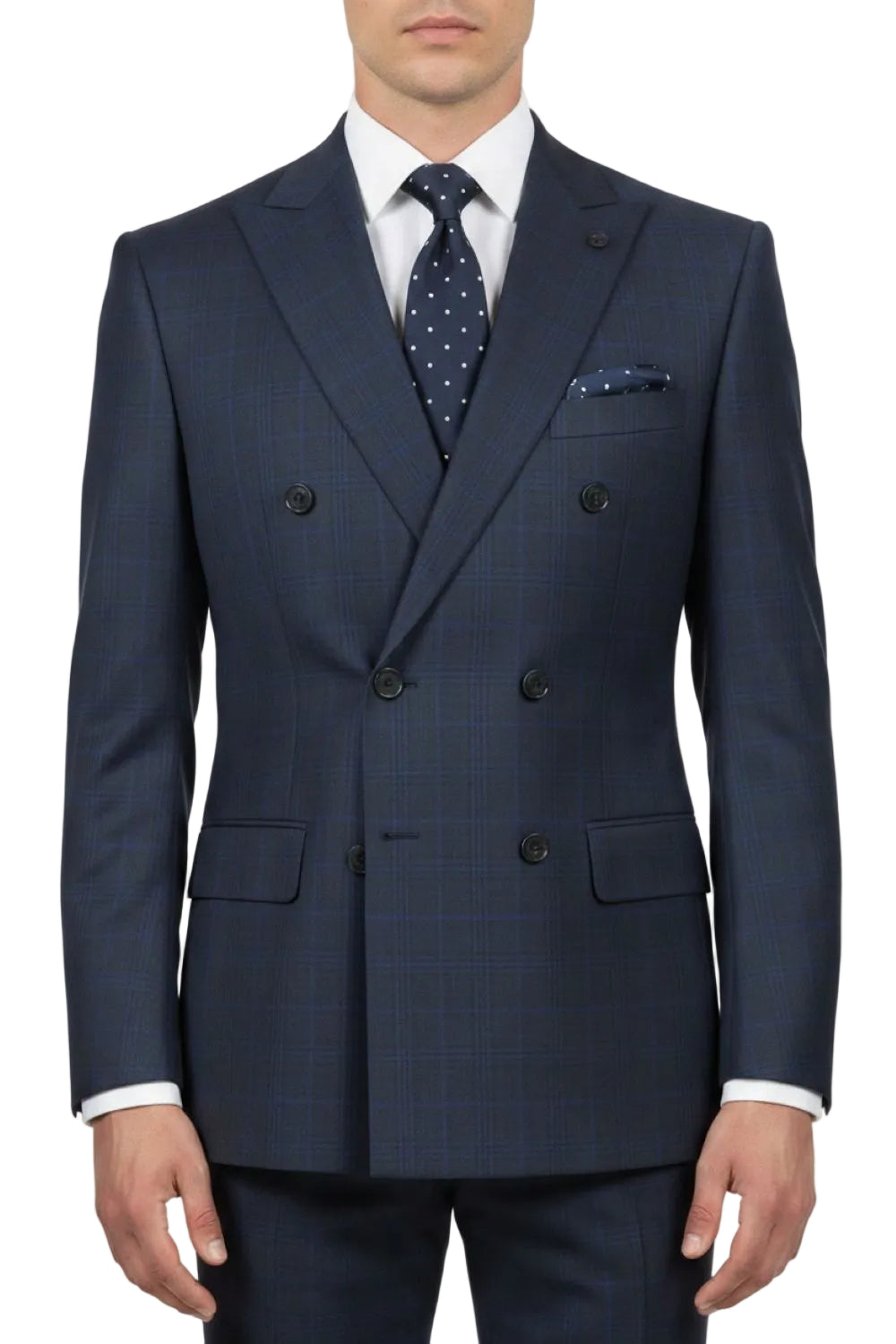 Navy blue suit with a white shirt and patterned tie on a white background
