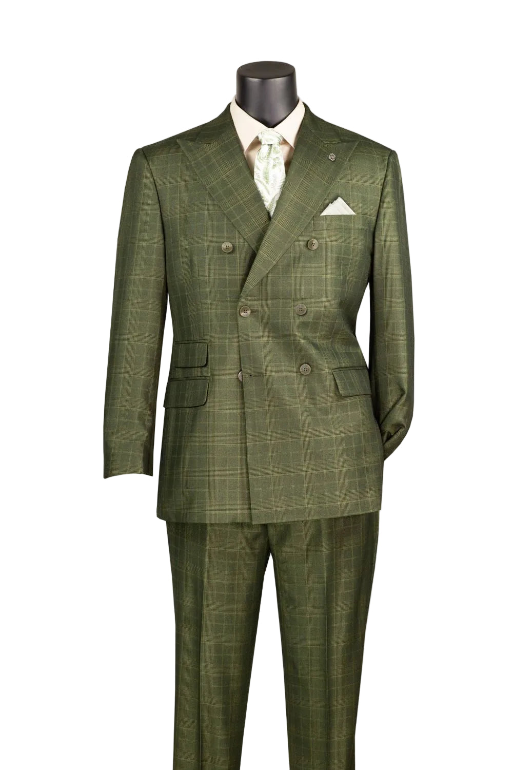 Regular Fit Double Breasted Glen Plaid 2-Piece Suit - Olive