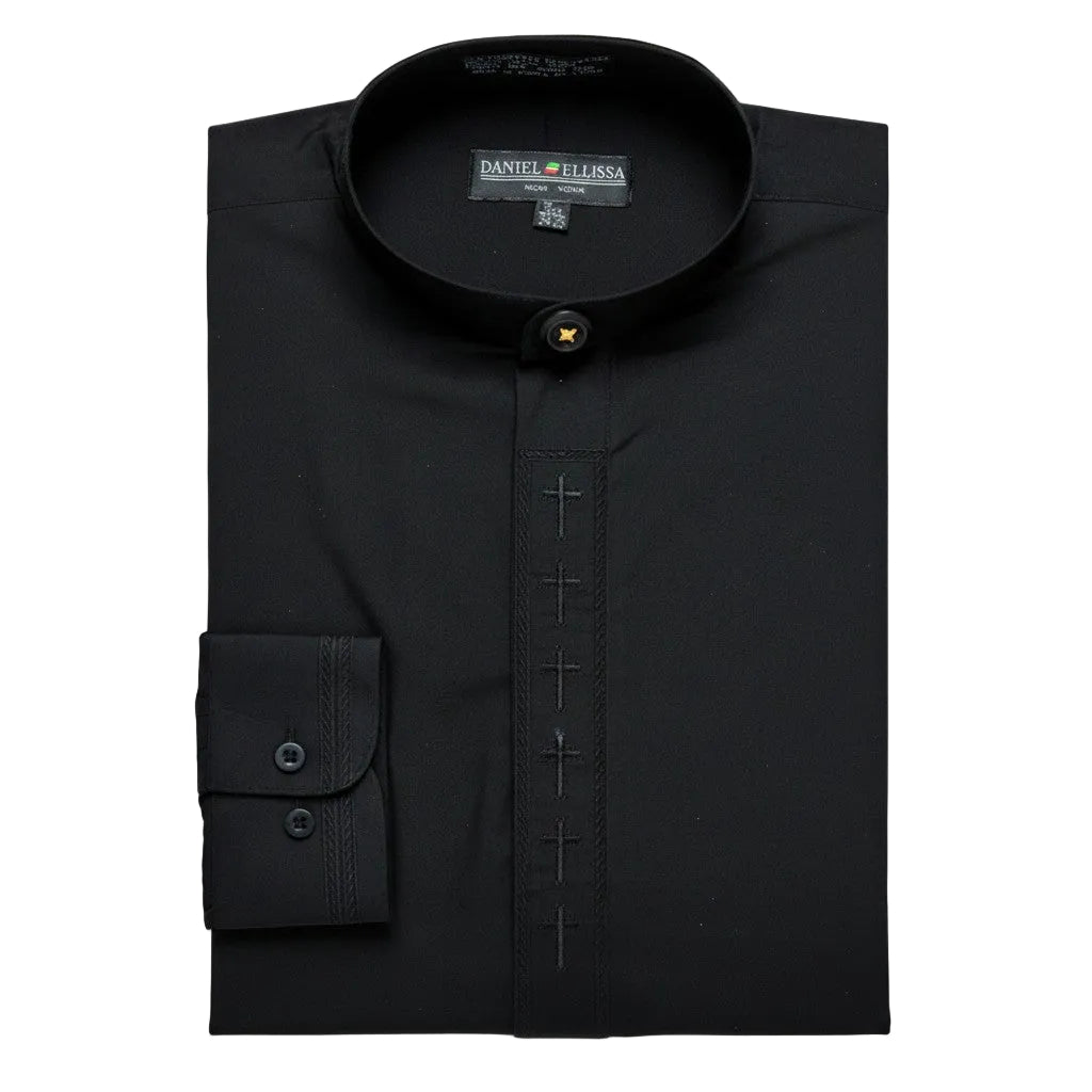 Men's Banded Collar Embroidered Convertible Cuff Shirt in Black/Black