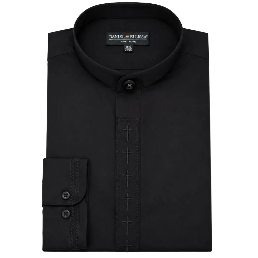 Black regular fit men's embroidered banded collar shirt