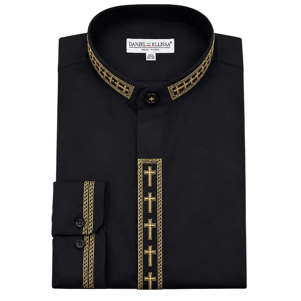 Men's Regular Fit Banded Collar Embroidered Convertible Cuff Shirt