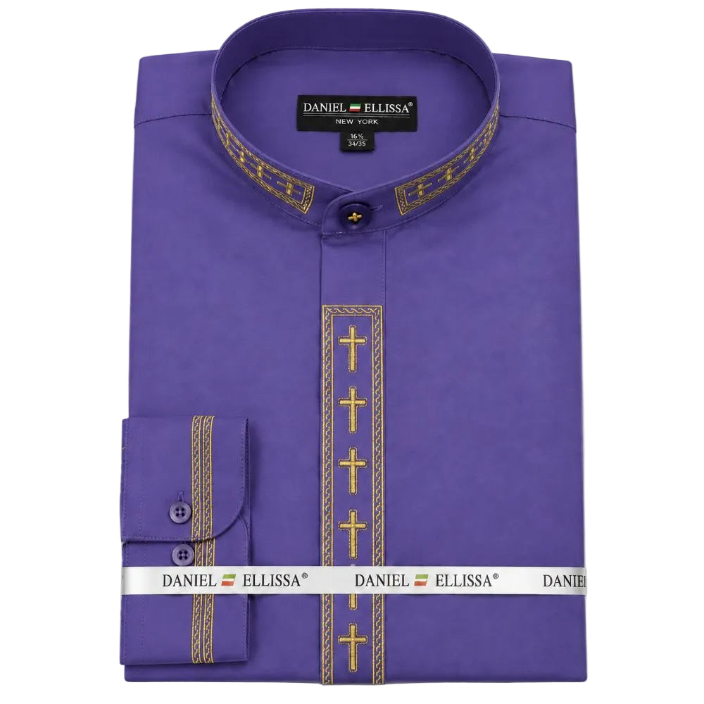 mens purple button down dress shirt Men's Regular Fit Banded Collar Embroidered Convertible Cuff 50offjuneflashsale25 Color:BROWN/NAVY mens tuxedos Men's Black Golf Shorts