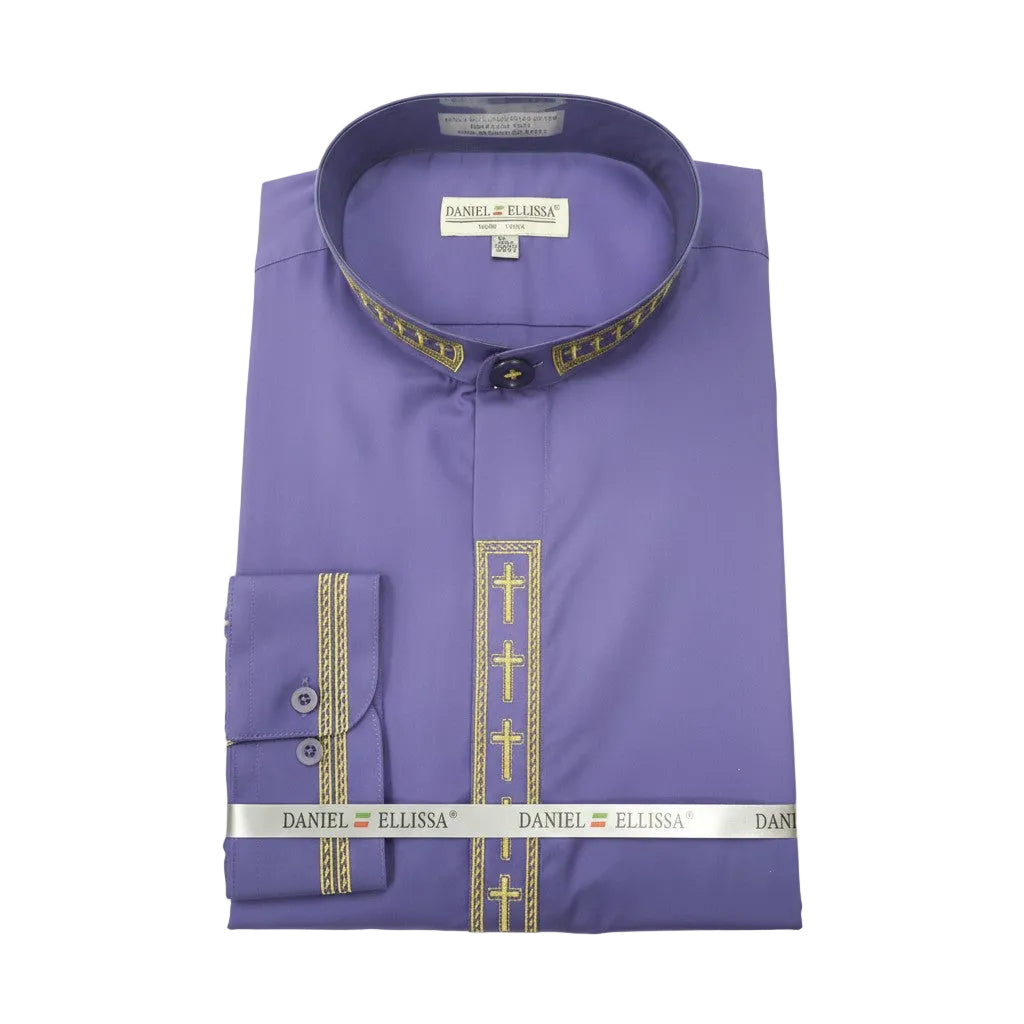 Men's Banded Collar Embroidered Convertible Cuff Shirt in Purple/Gold