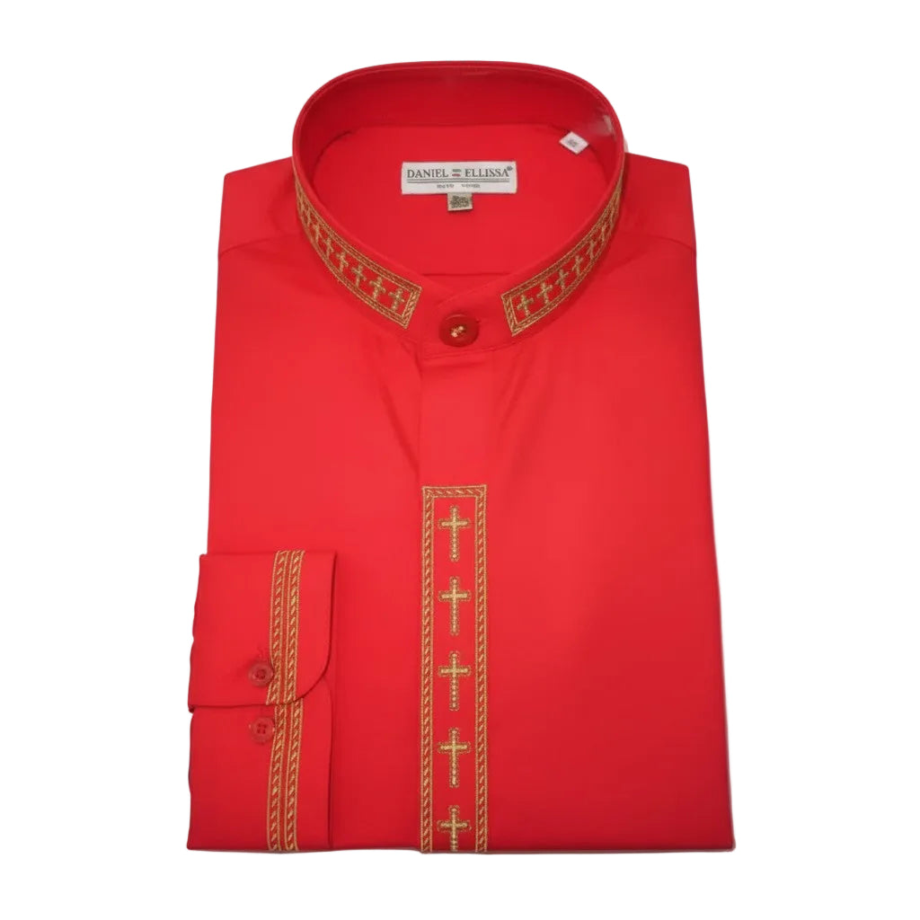Men's Banded Collar Embroidered Convertible Cuff Shirt in Red/Gold