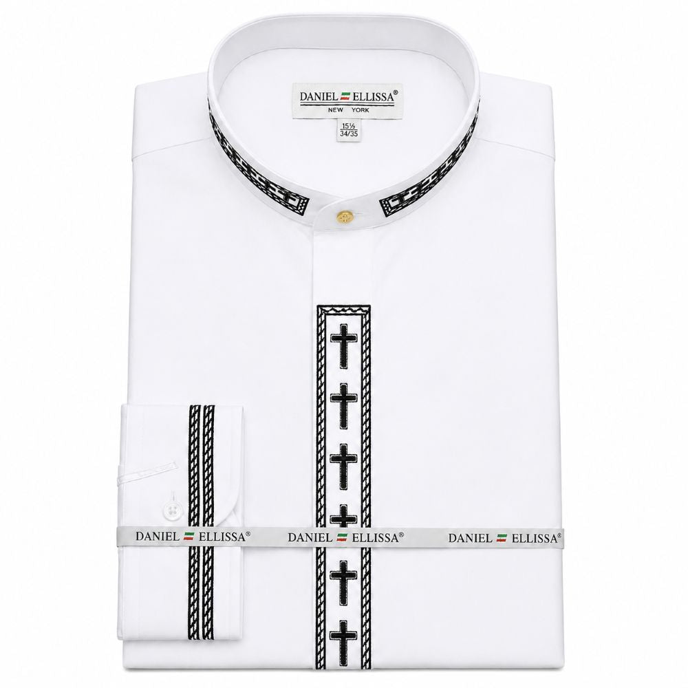White and black regular fit men's embroidered banded collar shirt