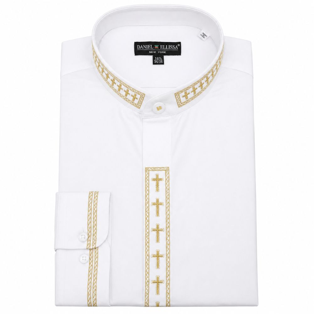 White and gold regular fit men's embroidered banded collar shirt