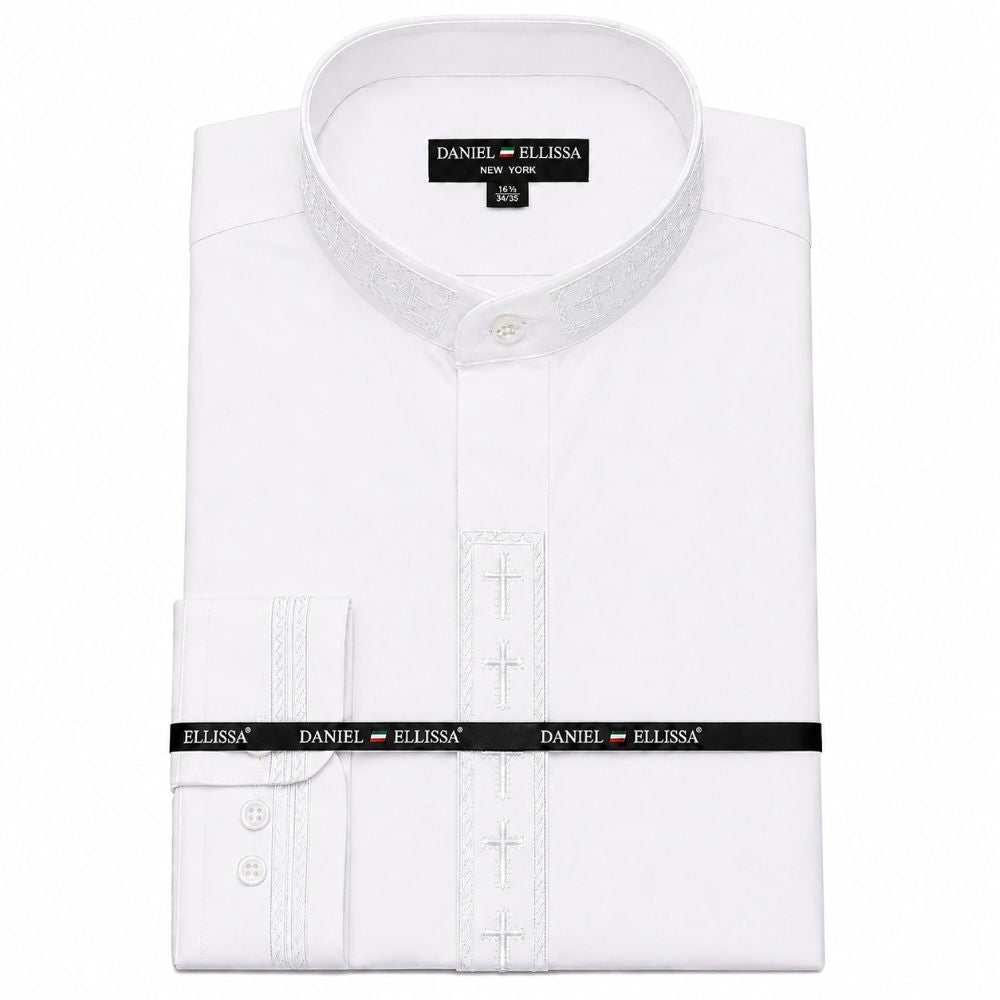 White regular fit men's embroidered banded collar shirt