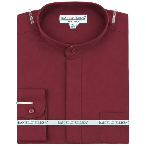 Burgundy regular fit men's banded collar convertible cuff dress shirt