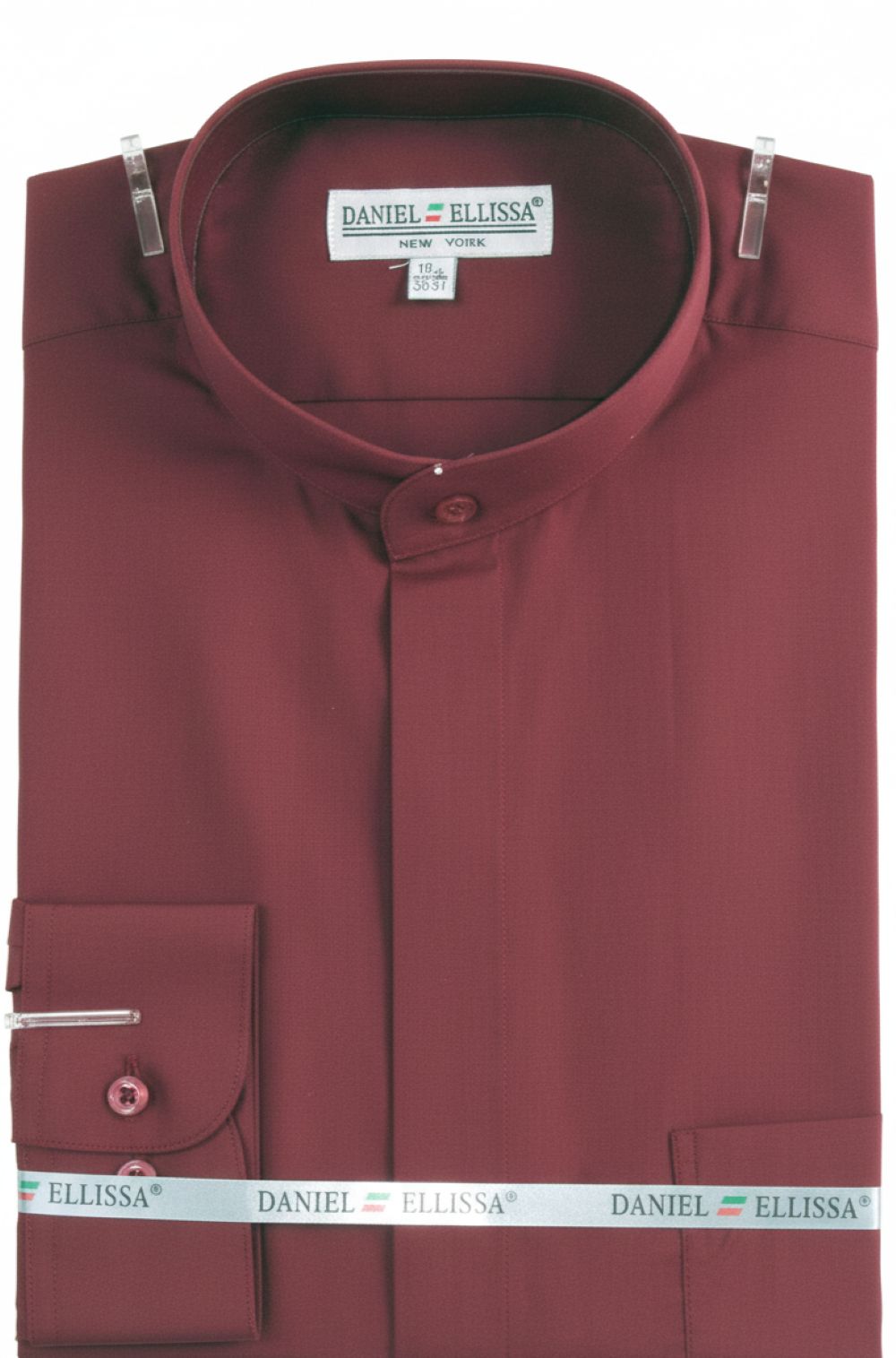Basic Banded Collar Convertible Cuff Dress Shirt in Burgundy