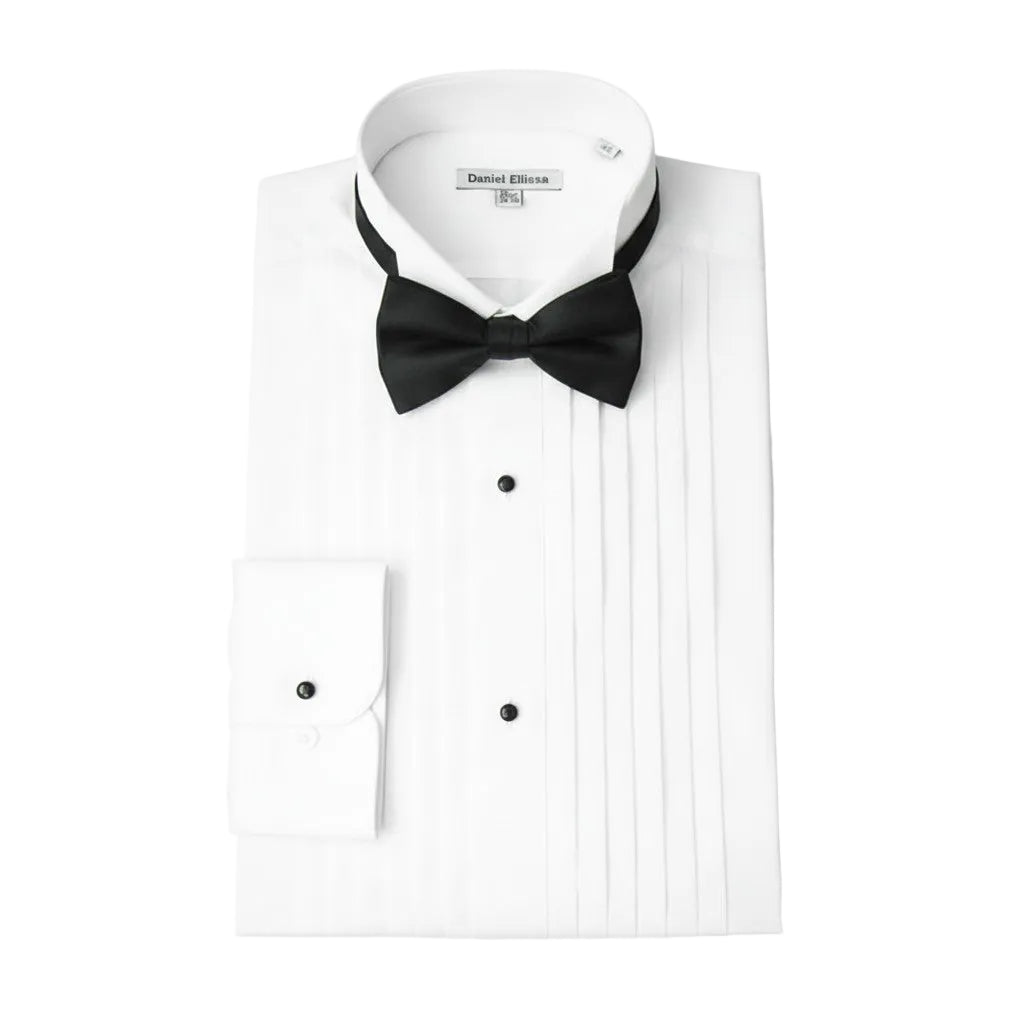 White Regular Fit Half-Inch Pleated Tuxedo Shirt with Bow Tie