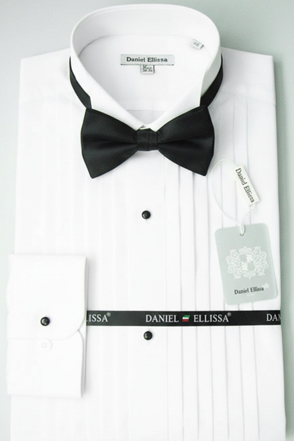 White Regular Fit Half-Inch Pleated Tuxedo Shirt with Bow Tie
