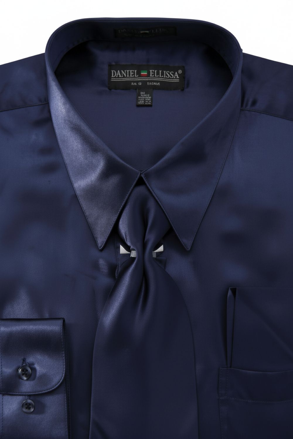 Satin Dress Shirt Convertible Cuff Regular Fit in Navy With Tie And Pocket Square