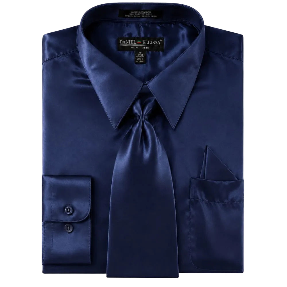 Satin Dress Shirt Convertible Cuff Regular Fit in Navy With Tie And Pocket Square