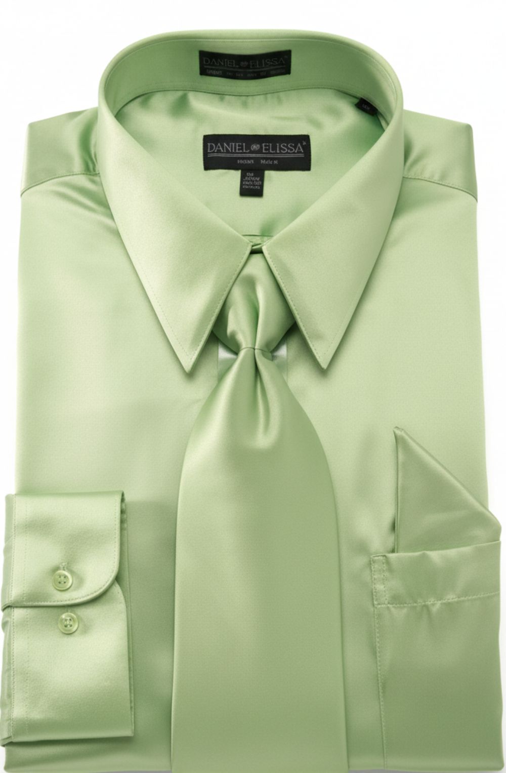 Satin Dress Shirt Convertible Cuff Regular Fit In Apple Green With Tie and Pocket Square