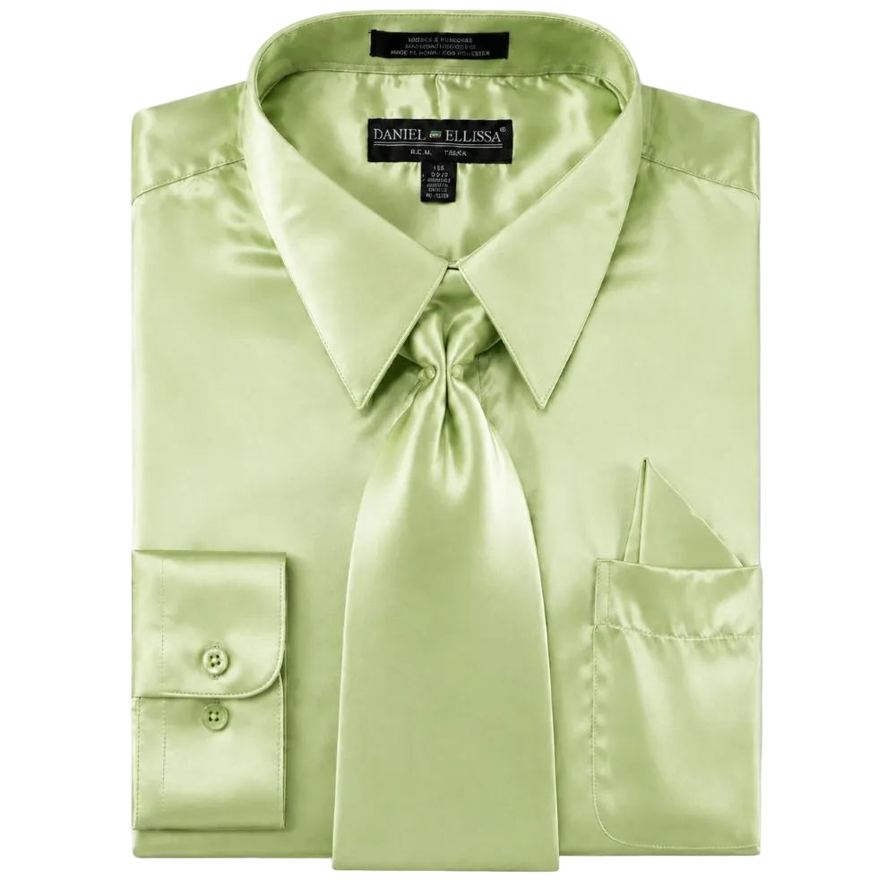 Satin Dress Shirt Convertible Cuff Regular Fit In Apple Green With Tie and Pocket Square