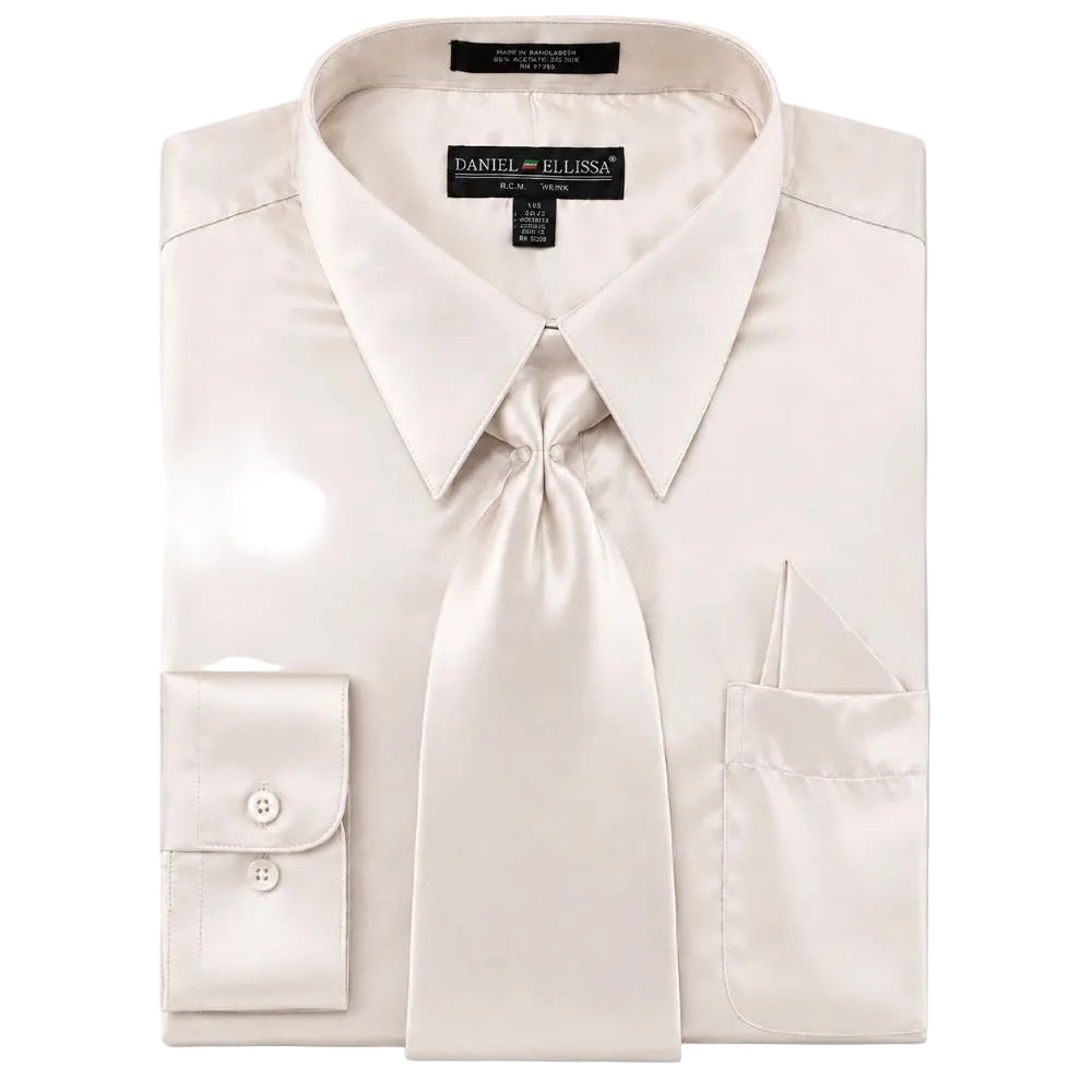 Satin Dress Shirt Convertible Cuff Regular Fit in Beige with Tie & Pocket Square