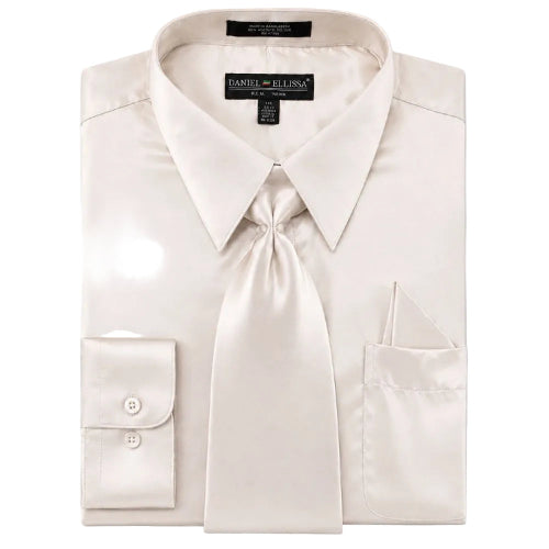 Beige regular fit satin dress shirt with tie and pocket square