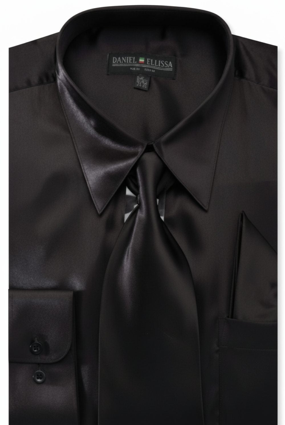 Satin Dress Shirt Convertible Cuff Regular Fit in Black With Tie and Pocket Square