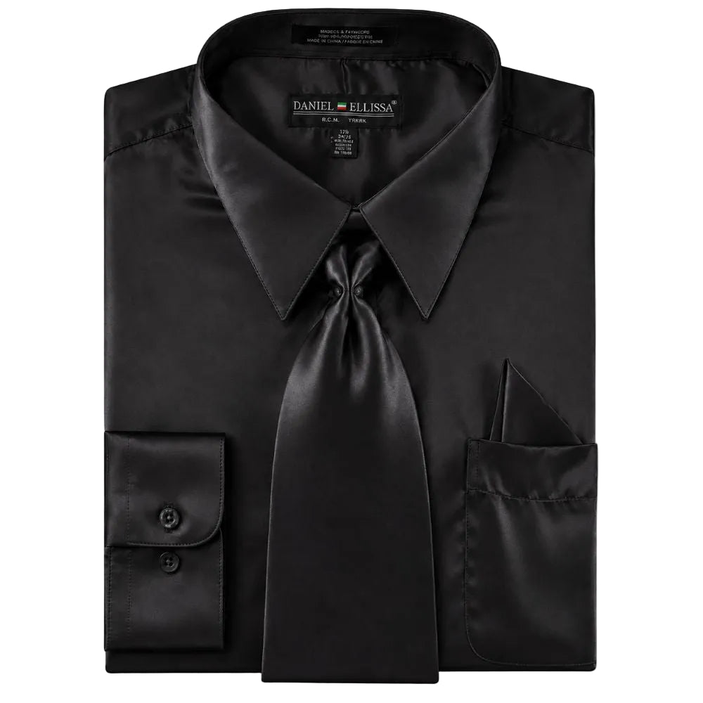 Satin Dress Shirt Convertible Cuff Regular Fit in Black With Tie and Pocket Square