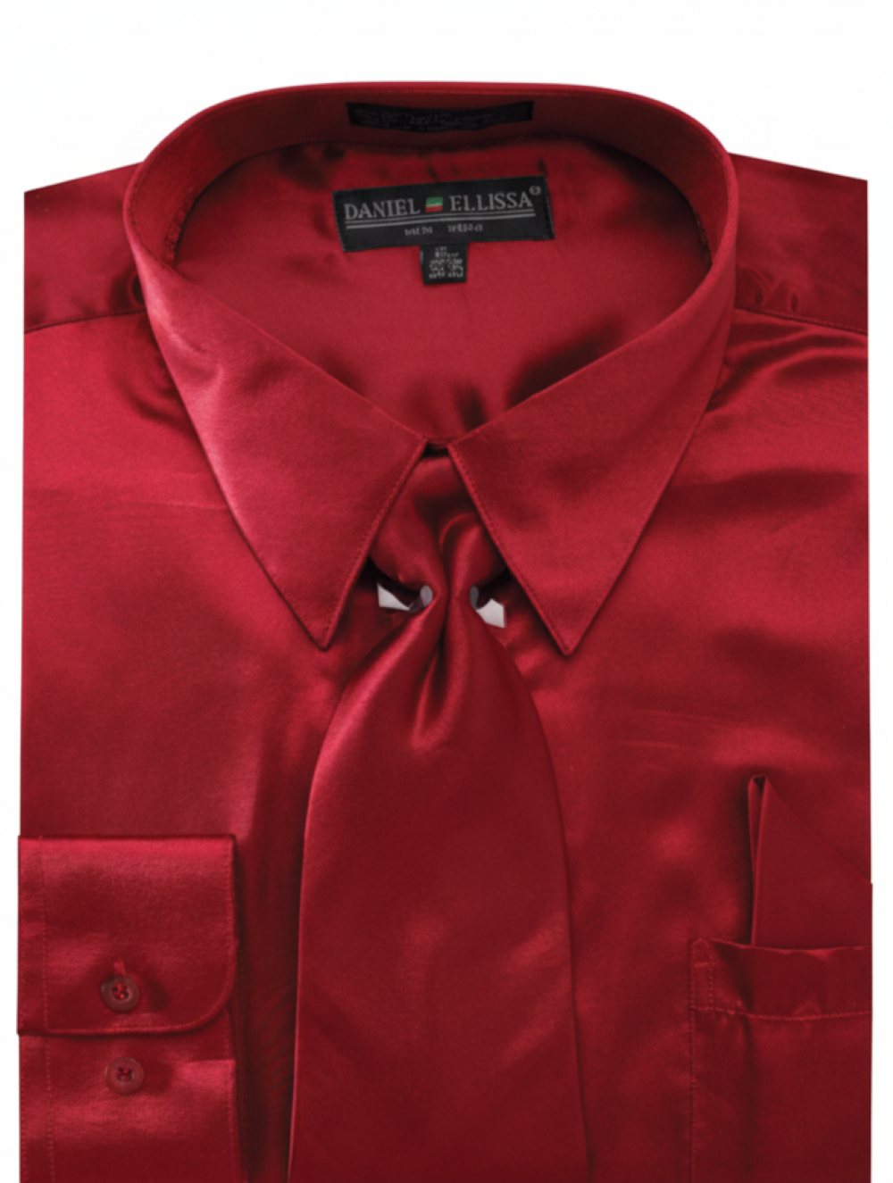 Satin Dress Shirt Convertible Cuff Regular Fit in Burgundy With Tie And Pocket Square
