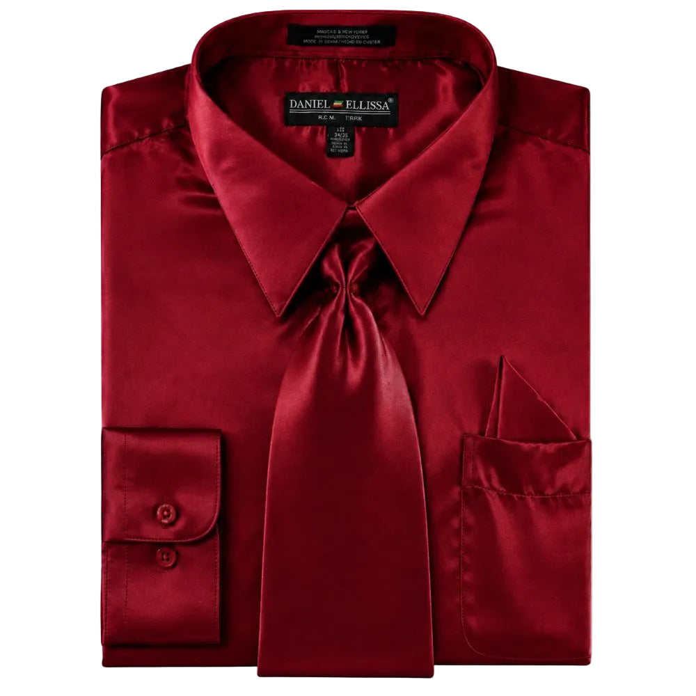 Satin Dress Shirt Convertible Cuff Regular Fit in Burgundy With Tie And Pocket Square