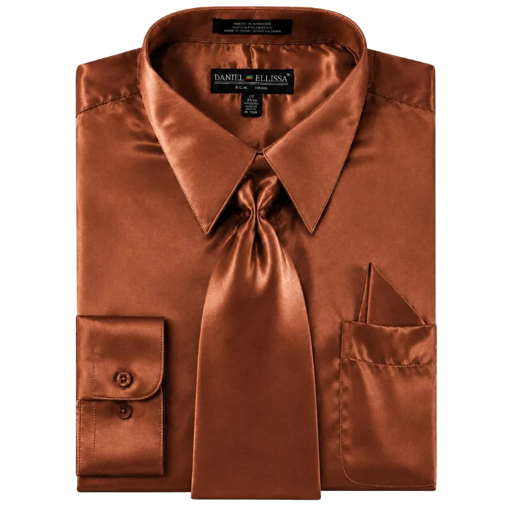 Satin Dress Shirt Convertible Cuff Regular Fit in Copper With Tie And Pocket Square