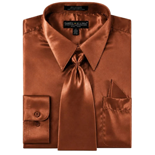 Copper regular fit satin dress shirt with tie and pocket square