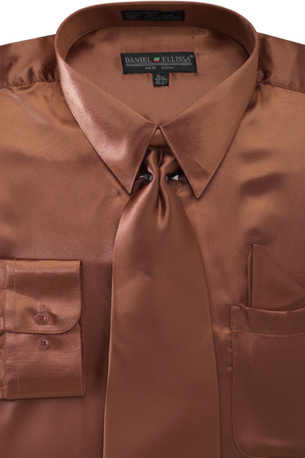 slim fit dress slacks Men's Satin Dress Shirt Convertible Cuff Regular Fit in Copper with Tie and Pocket Square 14½ 32/33 / Copper