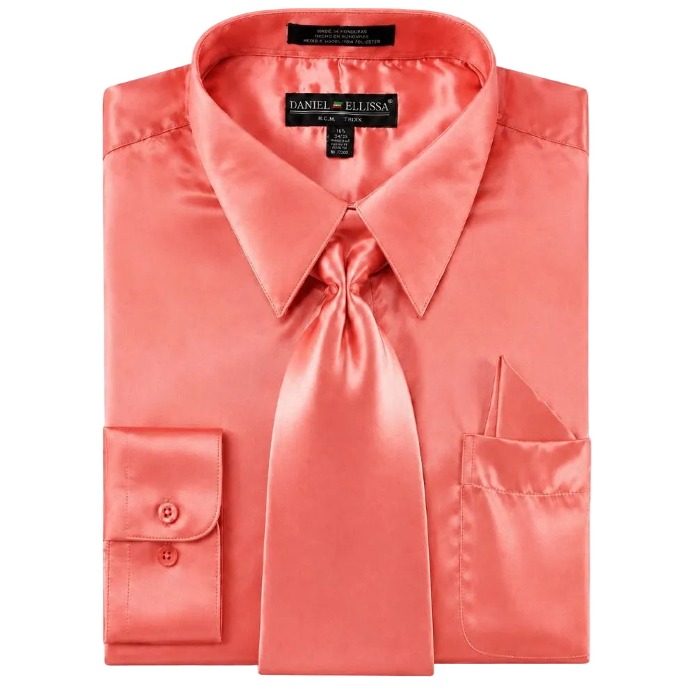 Satin Dress Shirt Convertible Cuff Regular Fit in Coral With Tie And Pocket Square