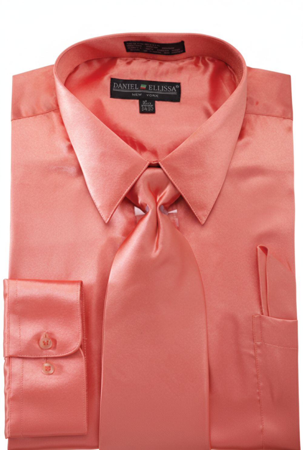 mens orange button down dress shirt Men's Satin Dress Shirt Convertible Cuff Regular Fit in Coral With Tie And Pocket Square 21½ 35/36 / Coral
