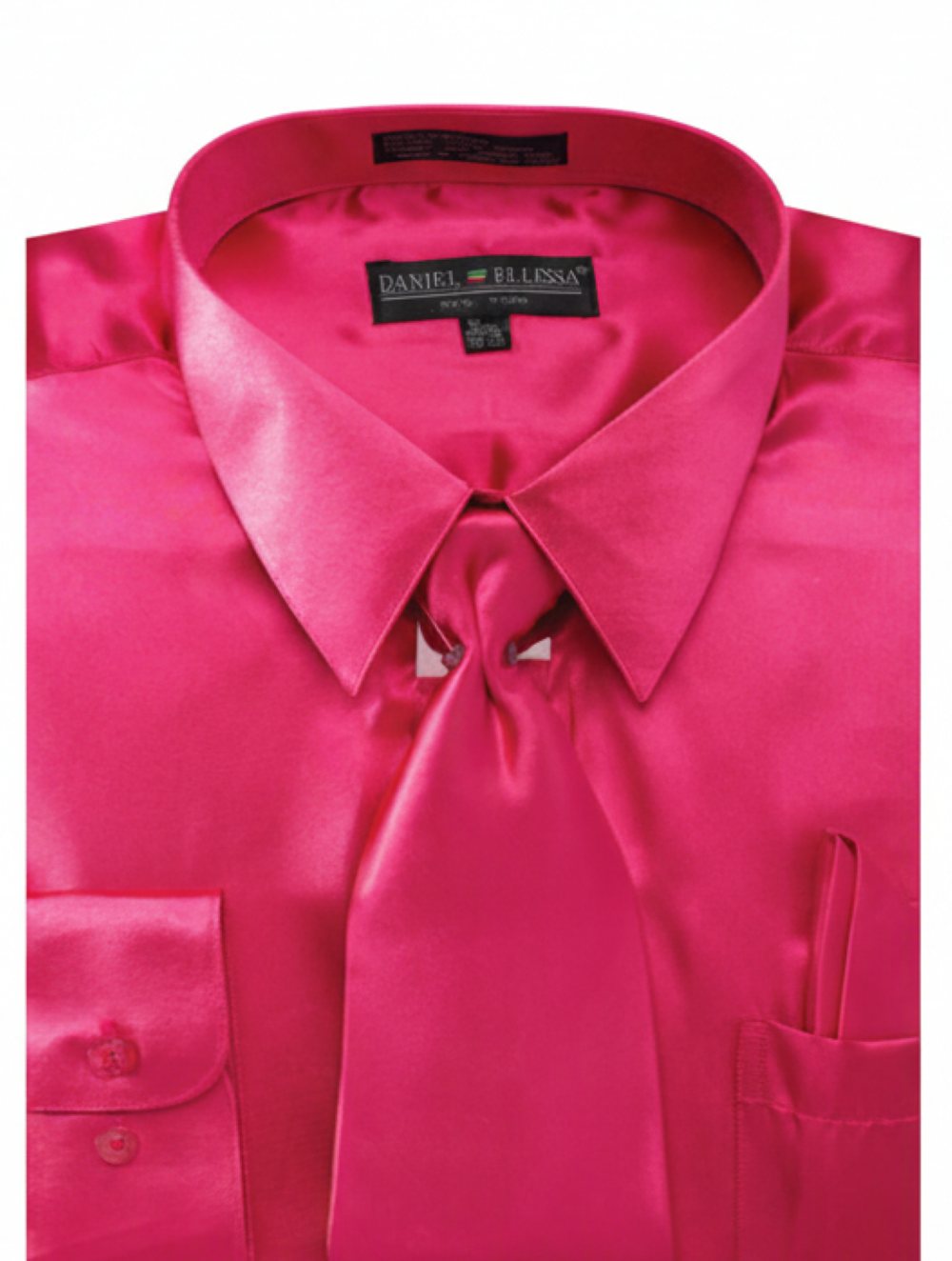Satin Dress Shirt Convertible Cuff Regular Fit in Fuchsia With Tie And Pocket Square