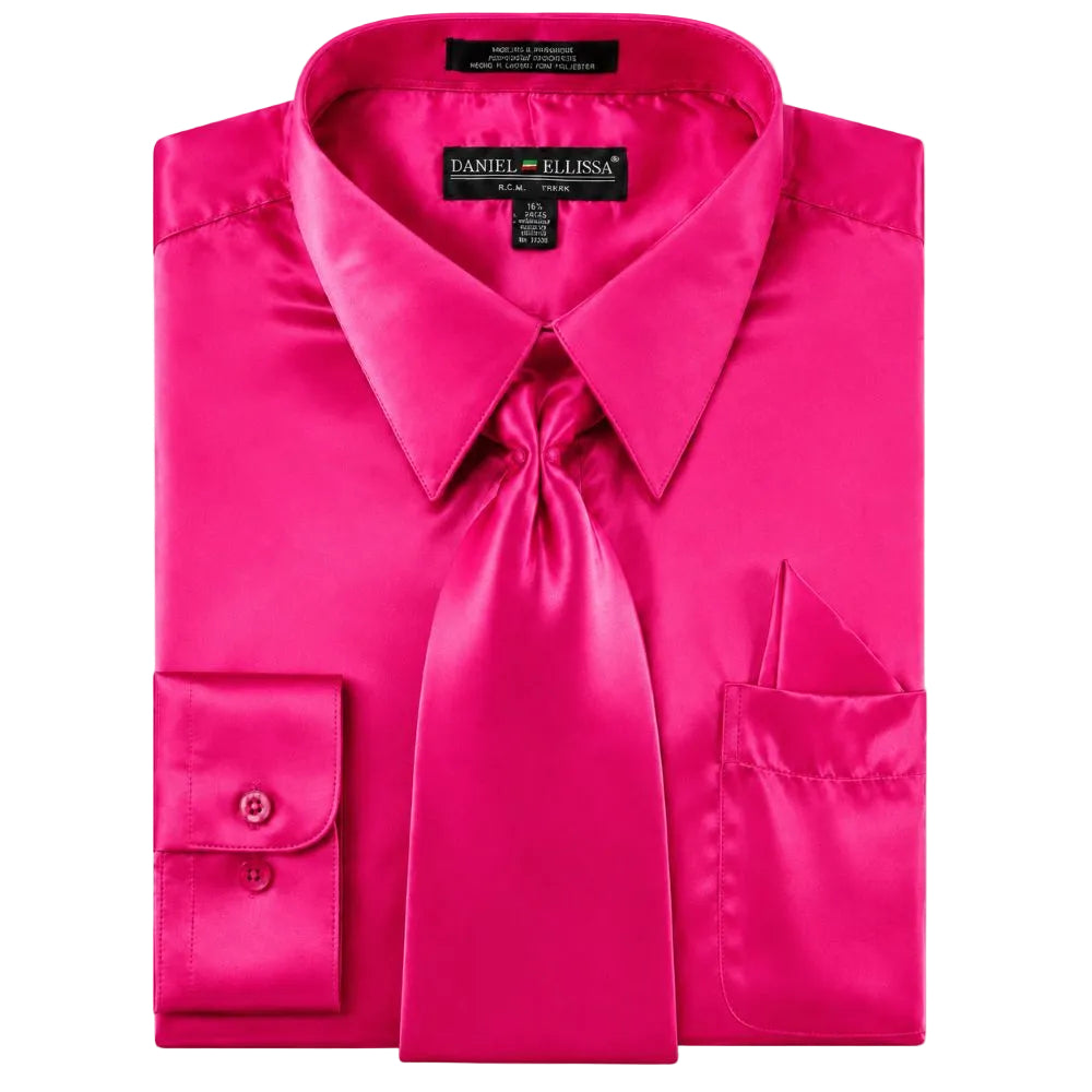 Satin Dress Shirt Convertible Cuff Regular Fit in Fuchsia With Tie And Pocket Square