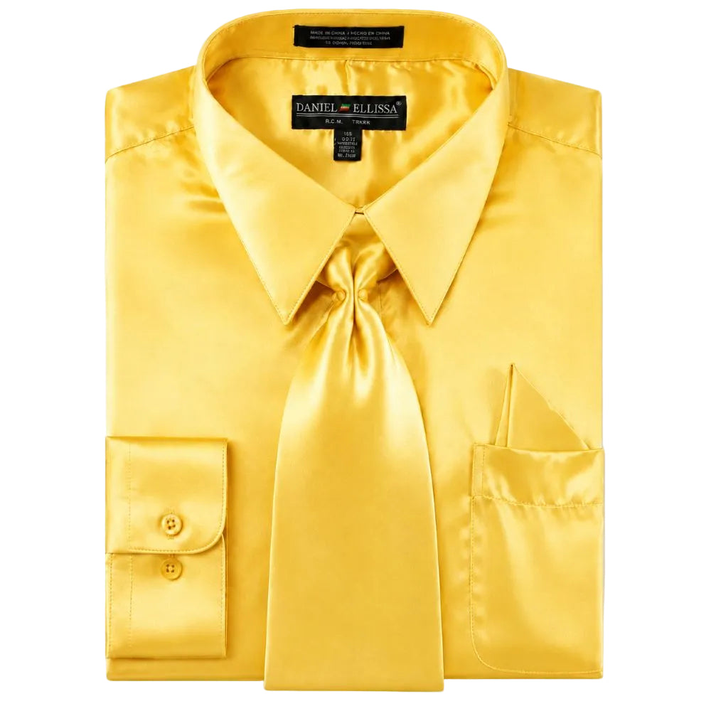Satin Dress Shirt Convertible Cuff Regular Fit in Gold With Tie And Pocket Square