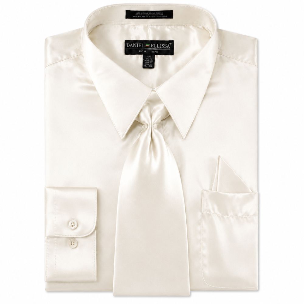 Satin Dress Shirt Convertible Cuff Regular Fit in Ivory With Tie And Pocket Square